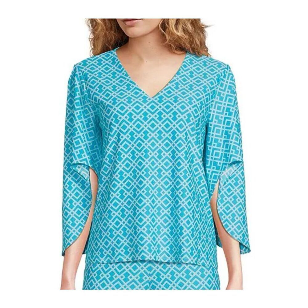 Jude Connally Daniella Stretch Trellis Trio Aqua 3/4 Flutter Sleeve Top S NWT